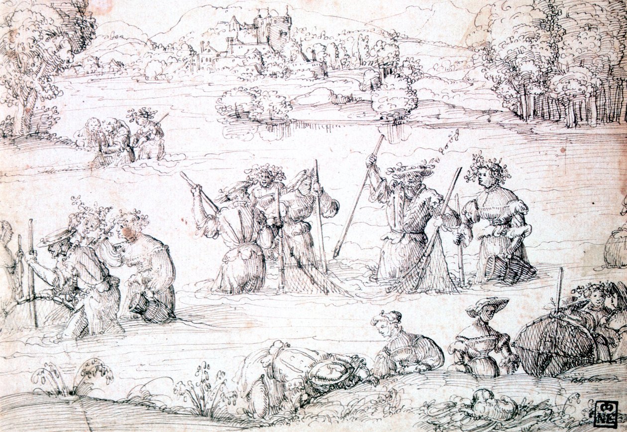Fiskeri i regnen, c1513-1553 af Augustin Hirschvogel