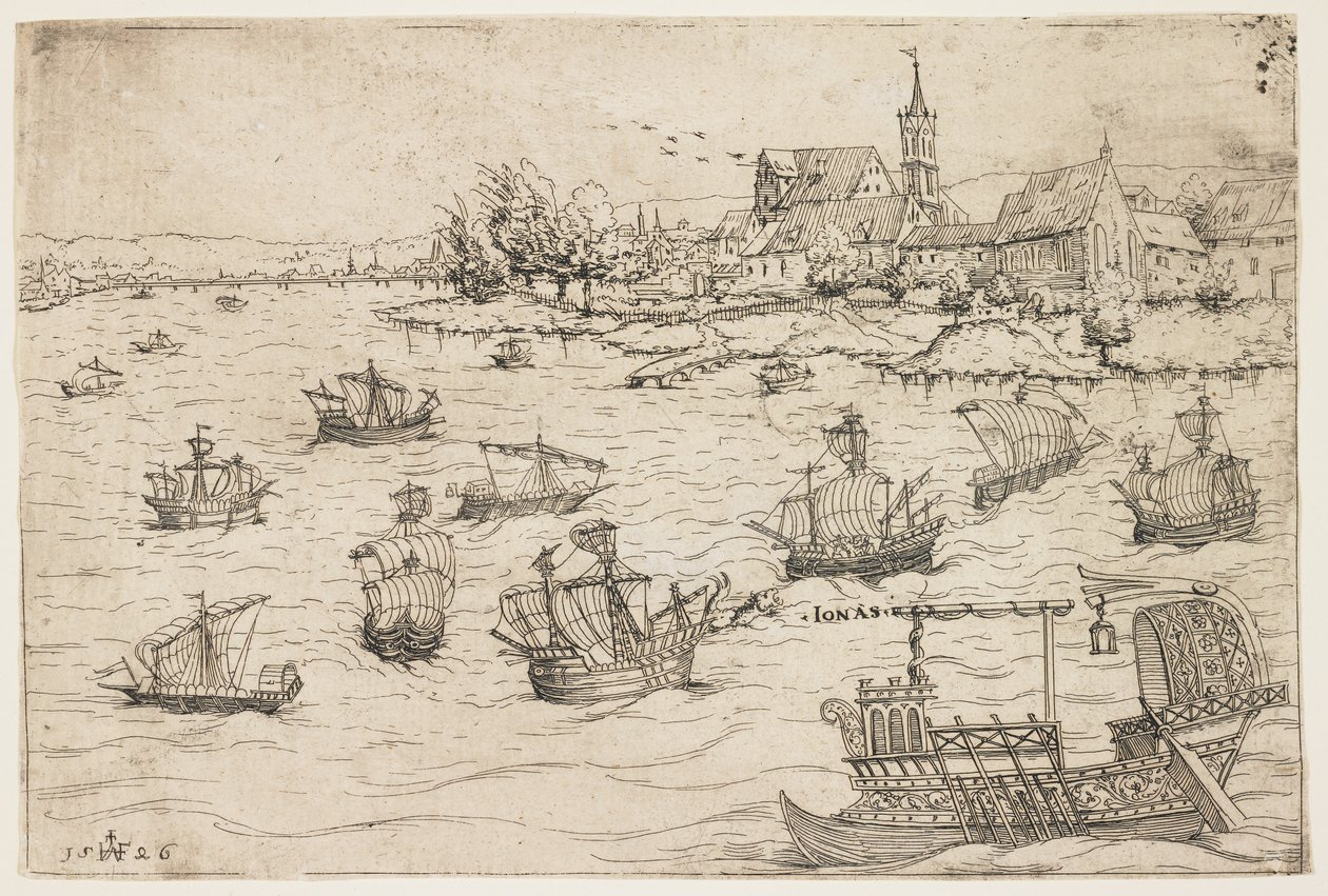 Jonas og hvalen på en sø med sejlfartøjer, 1546 af Augustin Hirschvogel