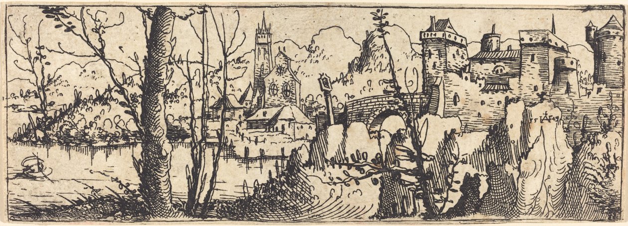 Landskab med slottet til højre, omgivet af klipper, 1546. af Augustin Hirschvogel