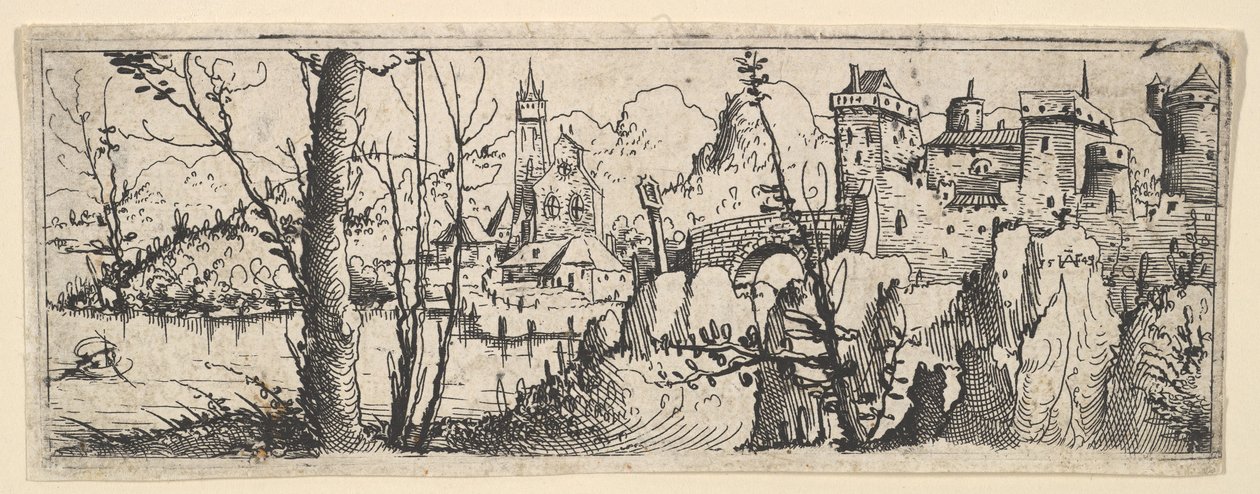 Landskab med fort og en kirke ved en flod, 1545. af Augustin Hirschvogel