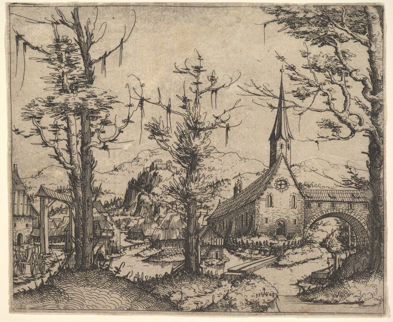 Landskab med fire træer og en kirke til højre, 1545. af Augustin Hirschvogel