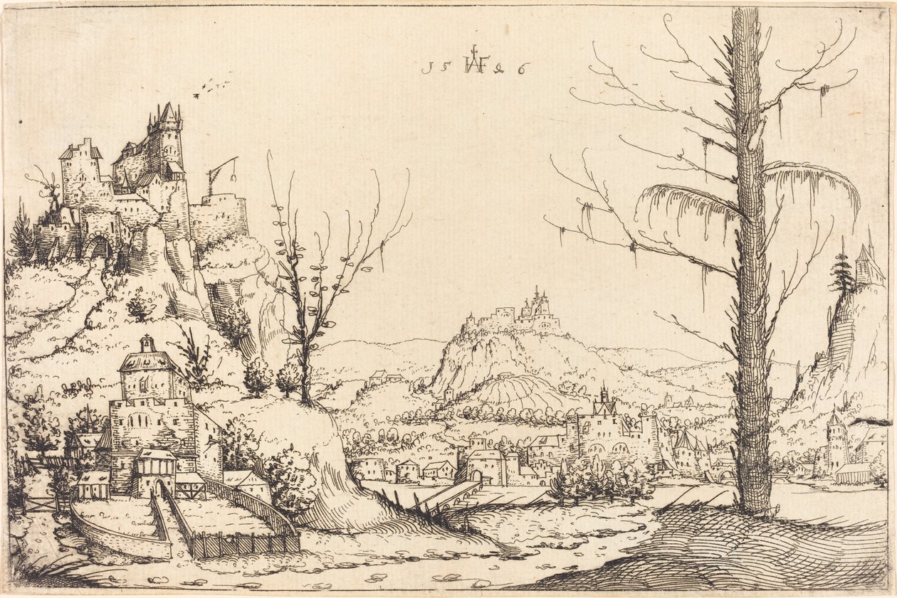Landskab med høje klipper, flod og by, 1546. af Augustin Hirschvogel