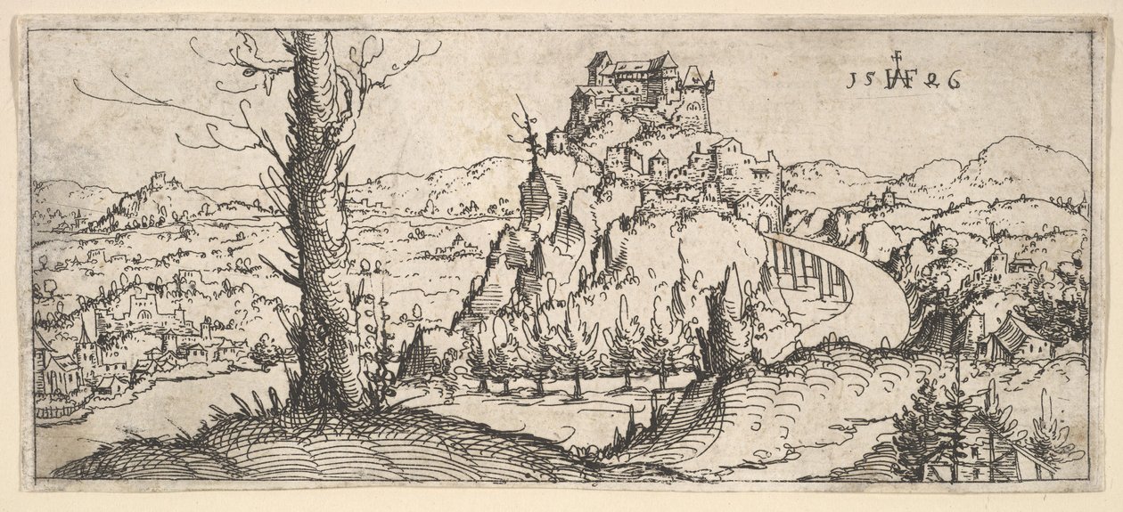 Landskab med høje klipper og fæstninger, 1546. af Augustin Hirschvogel