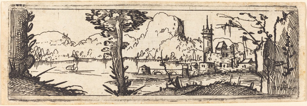 Landskab med sø og by af Augustin Hirschvogel