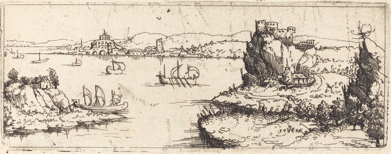 Landskab med sejlbåde [bundplade], 1546. af Augustin Hirschvogel