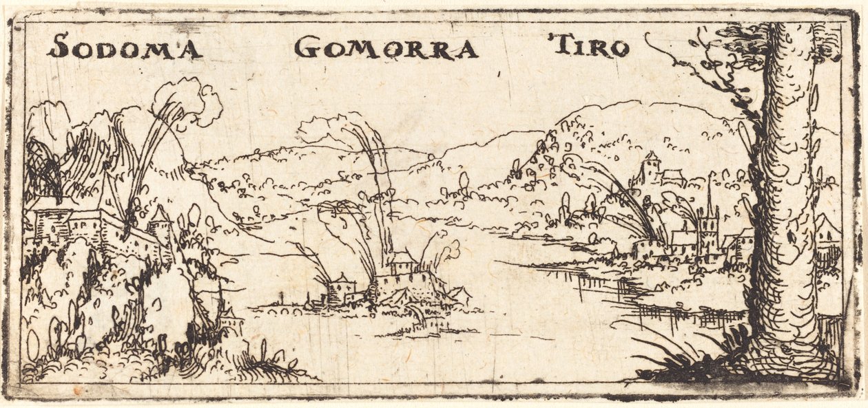 Landskab med tre brændende byer: Sodoma, Gomorra og Tyrus. af Augustin Hirschvogel