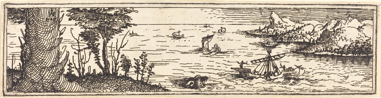 Landskab med sø og sejlskibe, 1545. af Augustin Hirschvogel