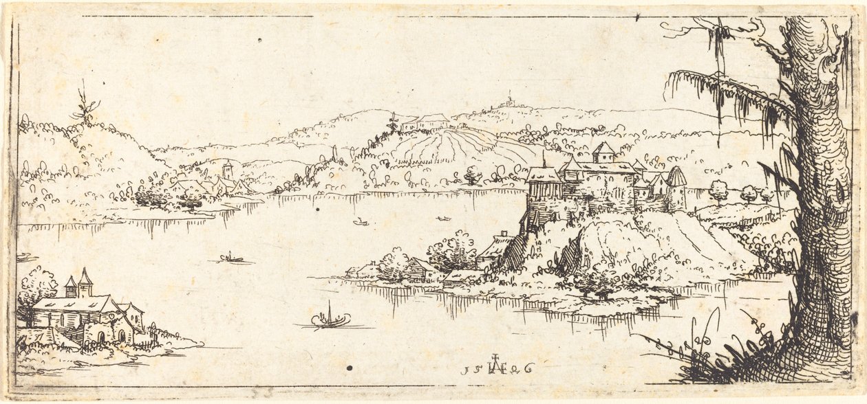 Landskab med en stor sø i midten, 1546. af Augustin Hirschvogel