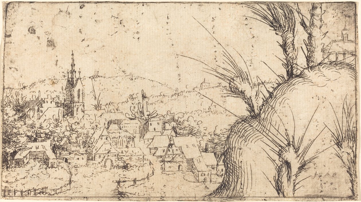 Landskab med en by til venstre, 1549. af Augustin Hirschvogel