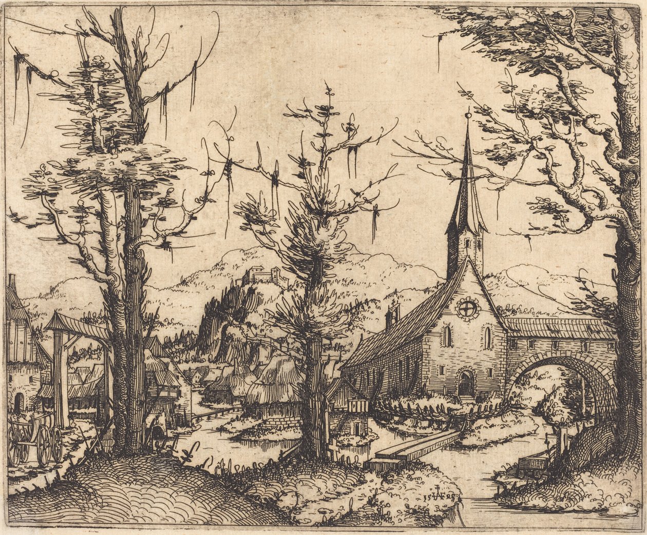 Landskab med en landsbykirke af Augustin Hirschvogel