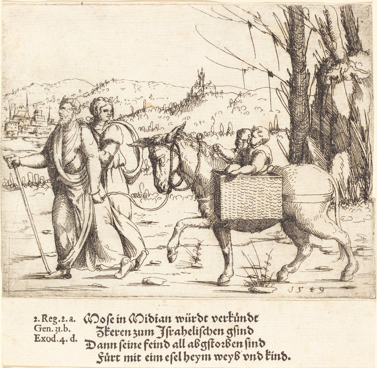 Moses vender tilbage til Egypten fra Midjan, 1549. af Augustin Hirschvogel