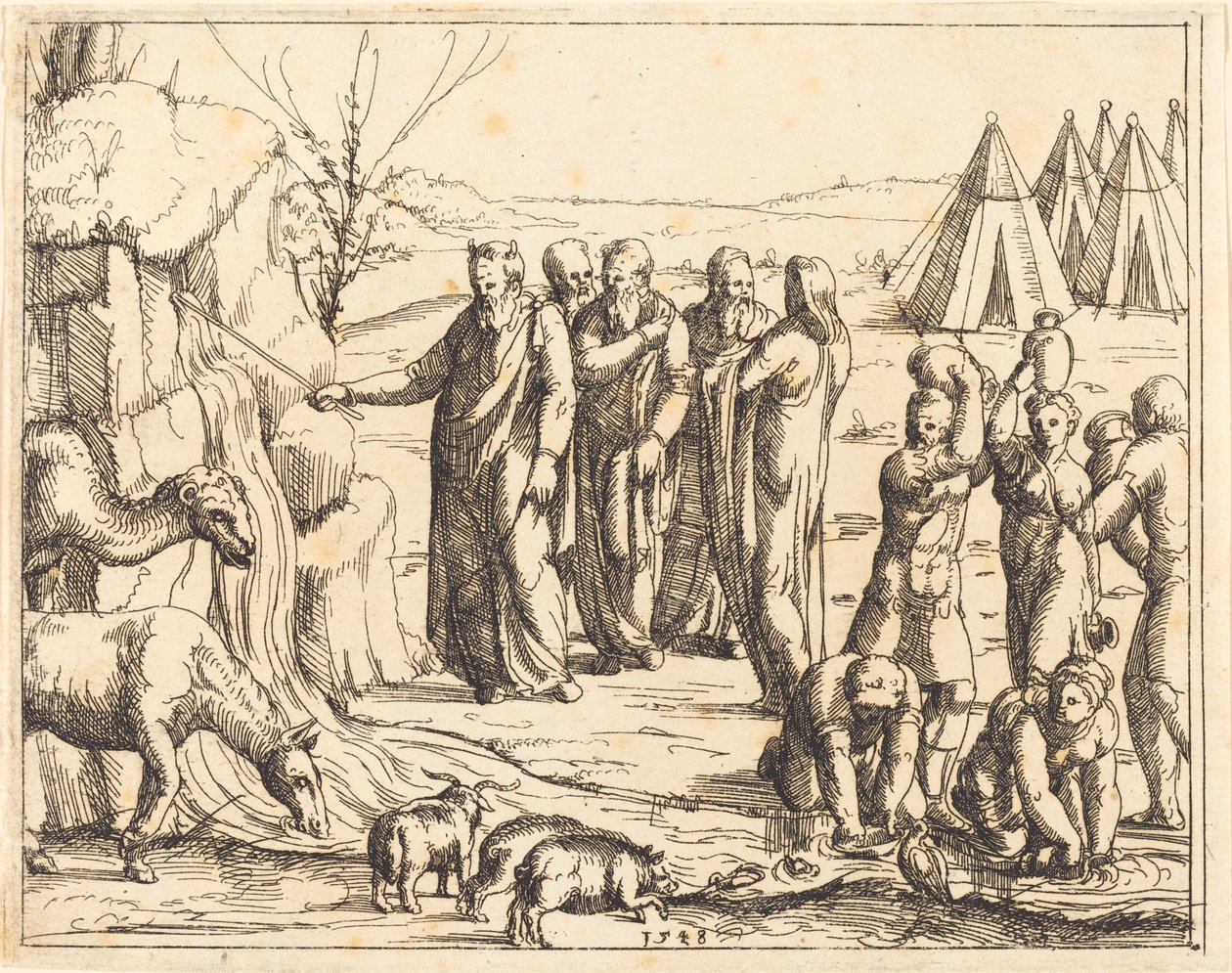 Moses slår klippen. af Augustin Hirschvogel