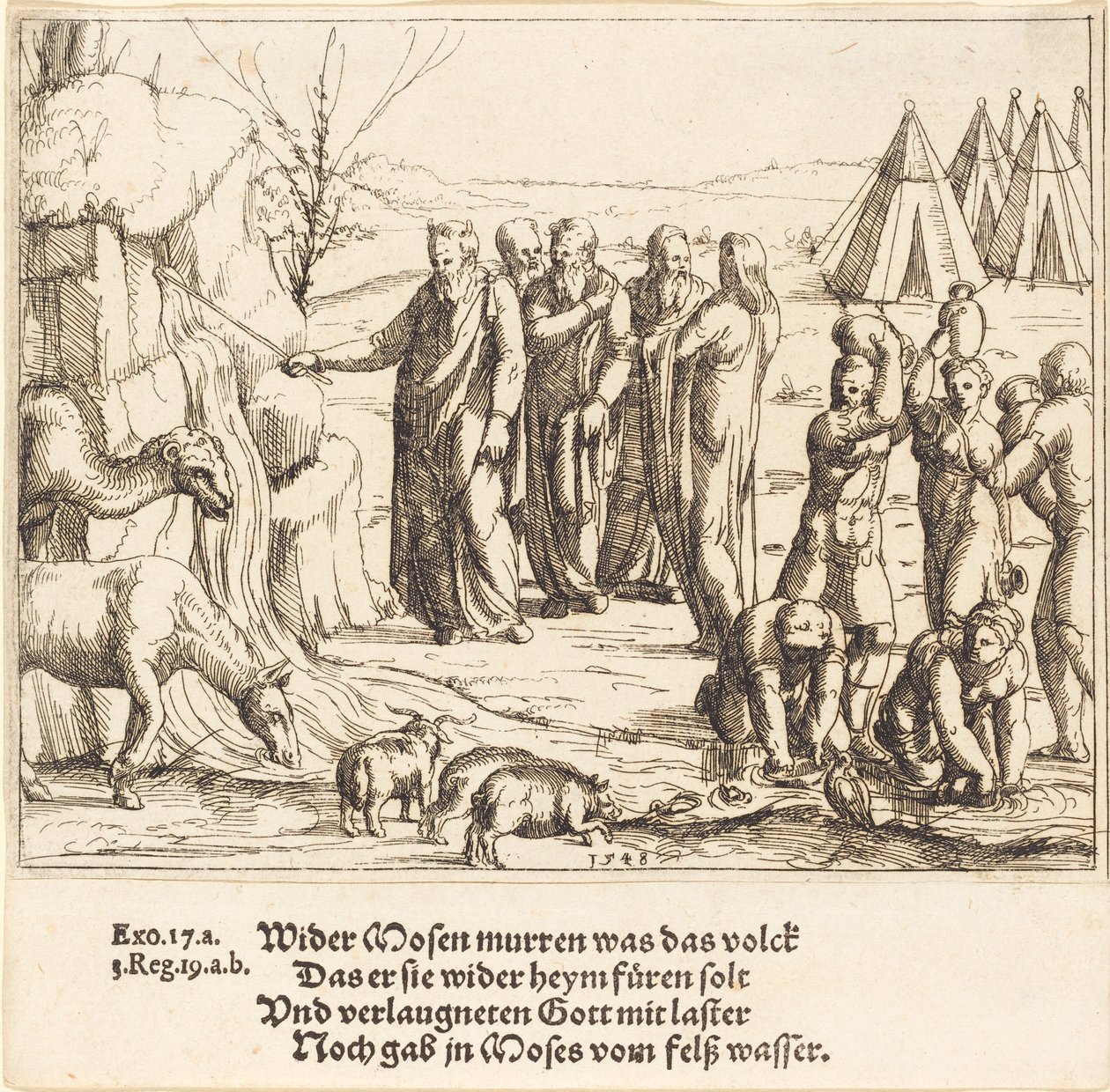Moses slår klippen af Augustin Hirschvogel