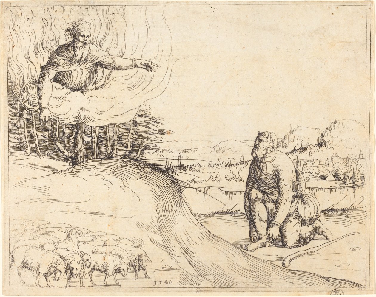 Moses og den brændende busk af Augustin Hirschvogel