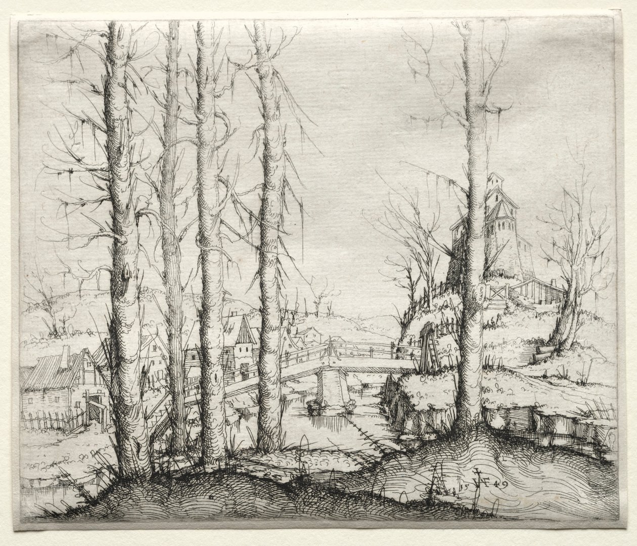 Flodlandskab med fem bare grantræer i forgrunden, 1549. af Augustin Hirschvogel