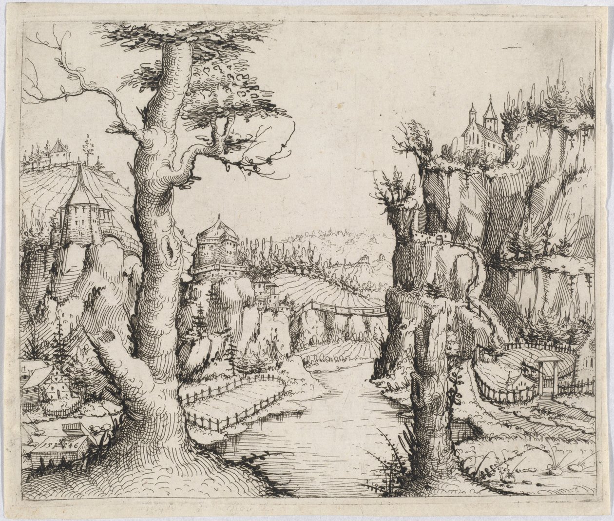 Flodlandskab med høje klipper, 1546. af Augustin Hirschvogel