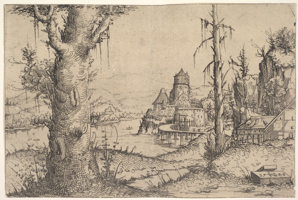 Flodlandskab med stort træ til venstre, 1546. af Augustin Hirschvogel