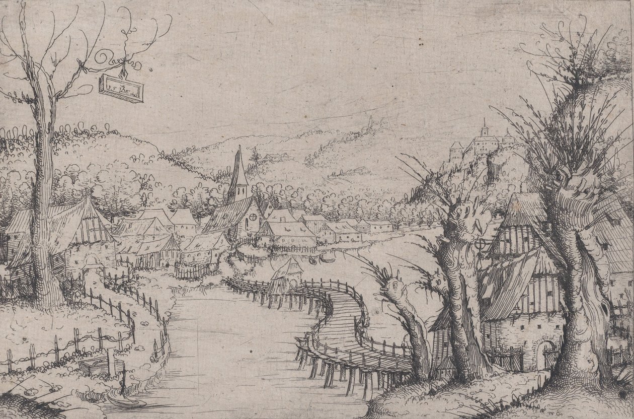 Flodlandskab med tre nøgne piletræer til højre og en lang snoet træbro ved ..., 1546. af Augustin Hirschvogel