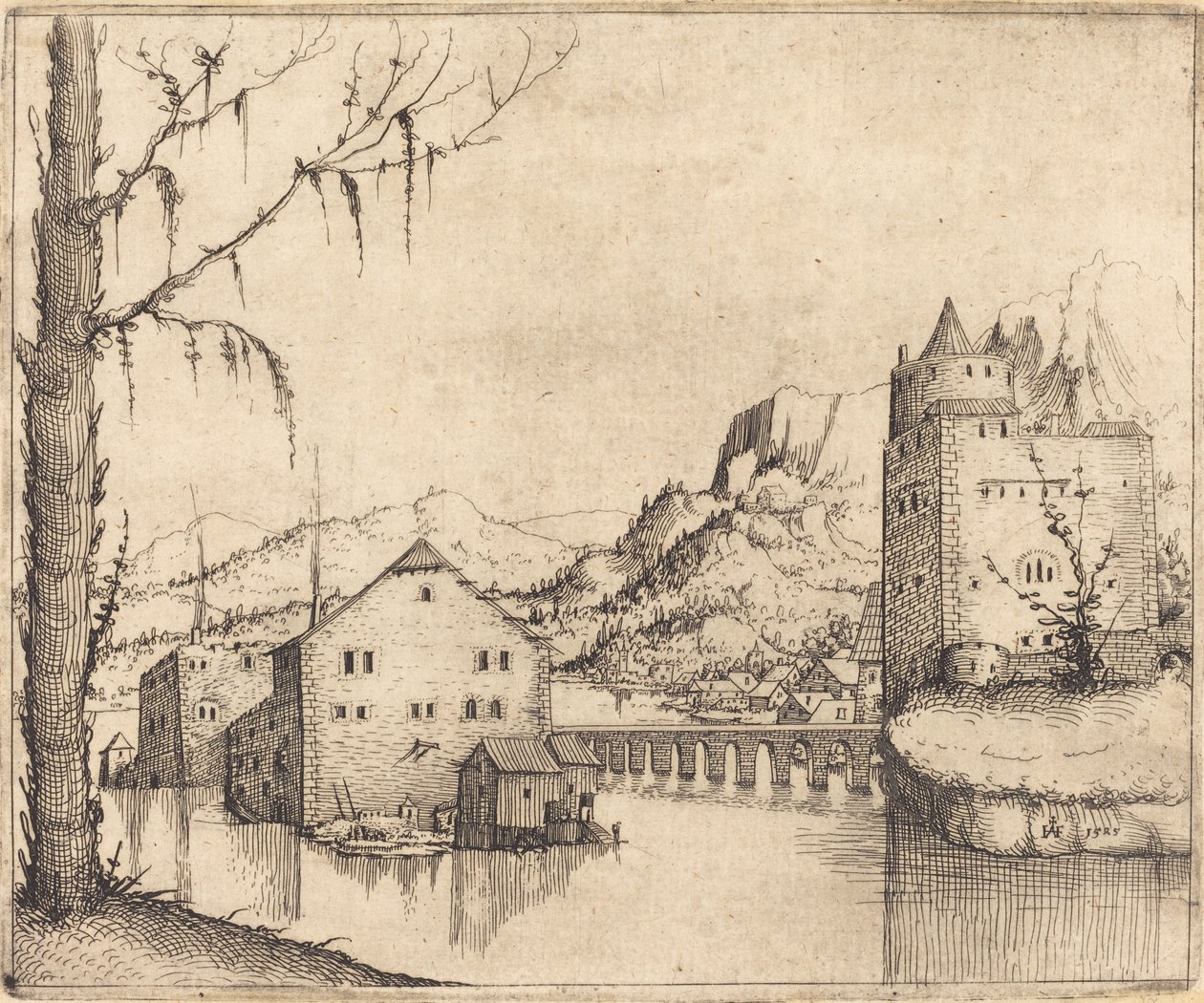 Flodlandskab med to bygninger, 1545. af Augustin Hirschvogel