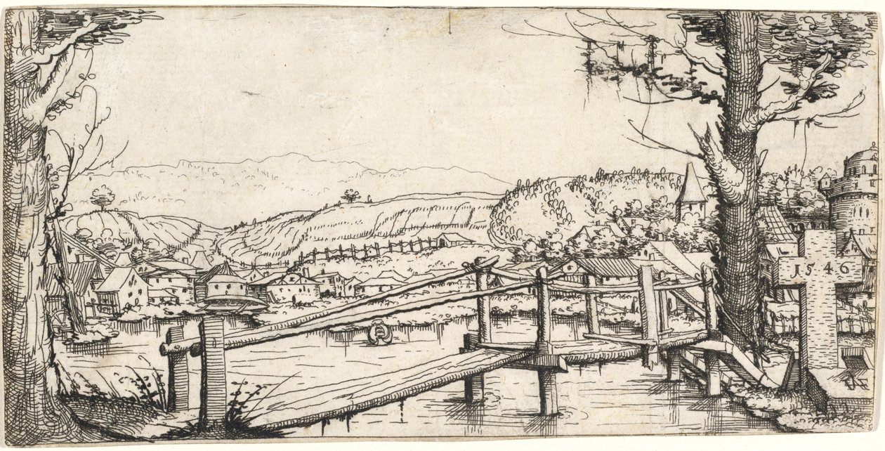 Flodlandskab med en gangbro, 1546. af Augustin Hirschvogel