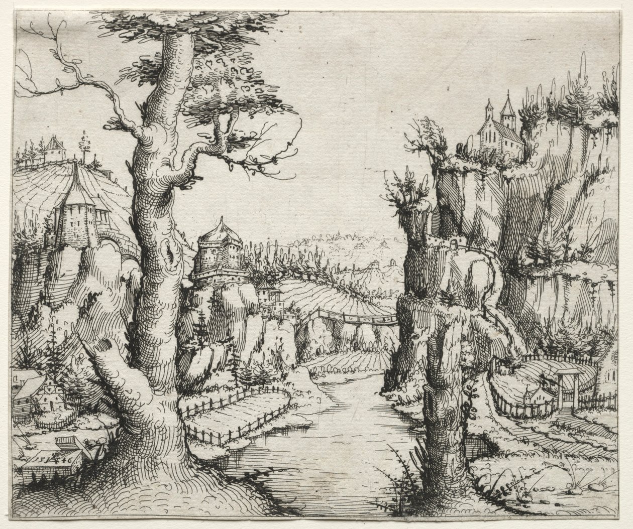 Flodlandskab med klipper til venstre og til højre, 1546. af Augustin Hirschvogel