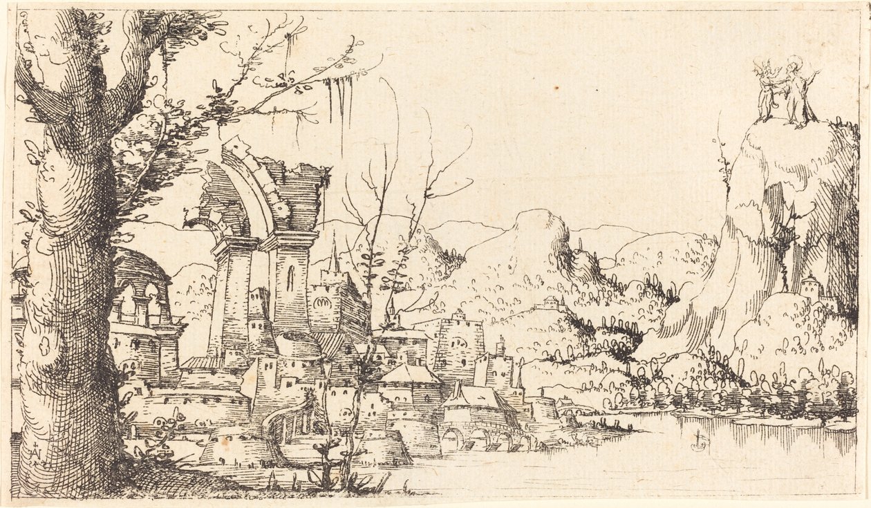 Flodlandskab med Kristi fristelse, 1545. af Augustin Hirschvogel