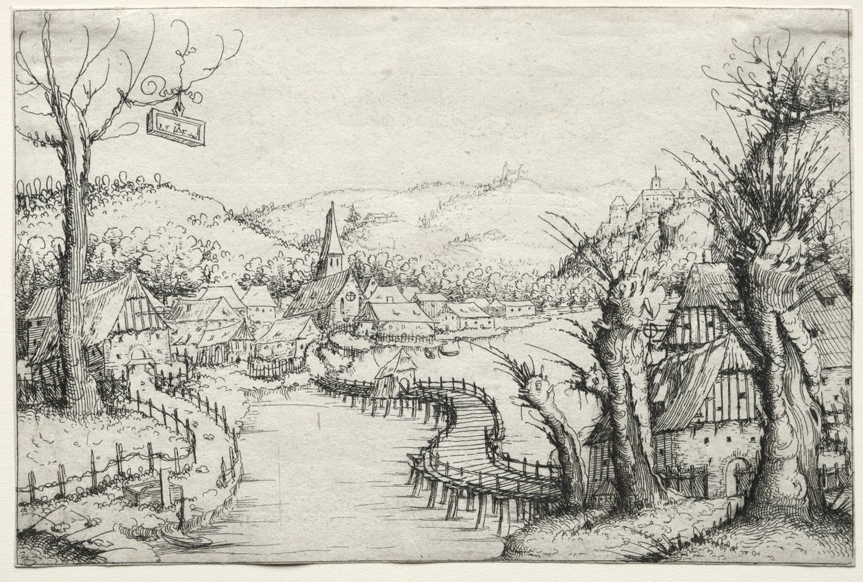 Flodlandskab med tre nøgne piletræer til højre og en lang snoet træbro..., 1546. af Augustin Hirschvogel