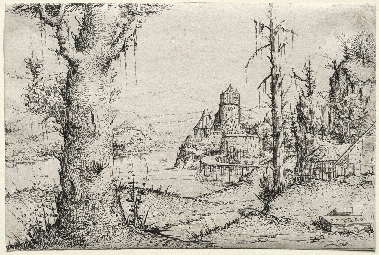 Flodlandskab med stort træ til venstre, 1546. af Augustin Hirschvogel