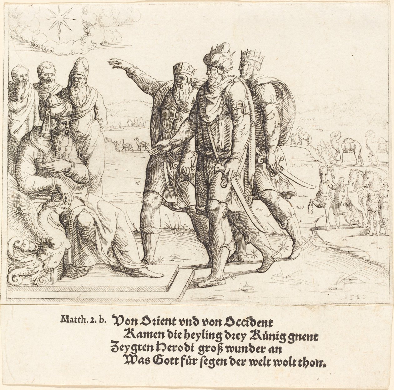 De tre konger fortæller Herodes om Kristi fødsel, 1549. af Augustin Hirschvogel