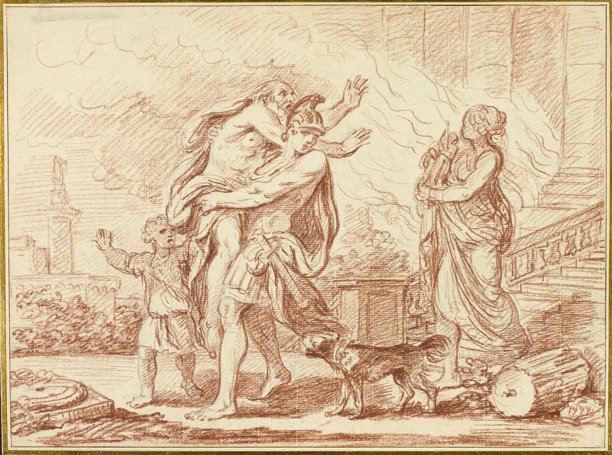 Aeneas flygter med Anchises fra Trojas ruiner af Augustin Pajou
