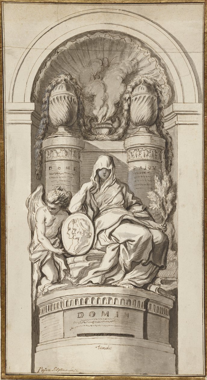 Studie til et begravelsesmonument, 1750 (sort kridt, kuglepen og brun blæk, brune og grå vaske, hvid forhøjning på to sammenføjede ark) af Augustin Pajou