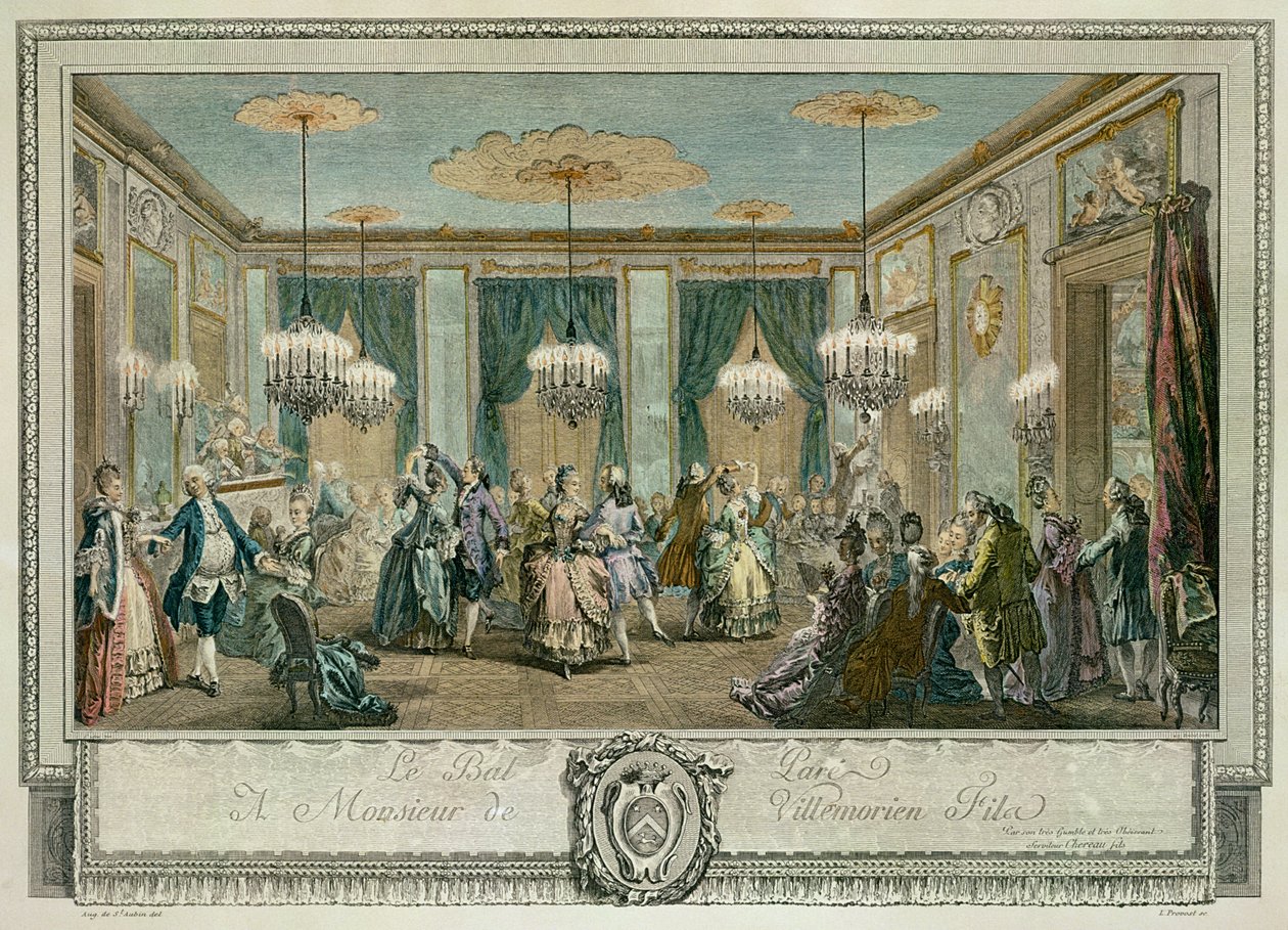 Aftenkjolebal i Monsieur Villemorien Filas hus, indgraveret af L. Provost (farvet gravering) (se også 84578) af Augustin de (after) Saint Aubin