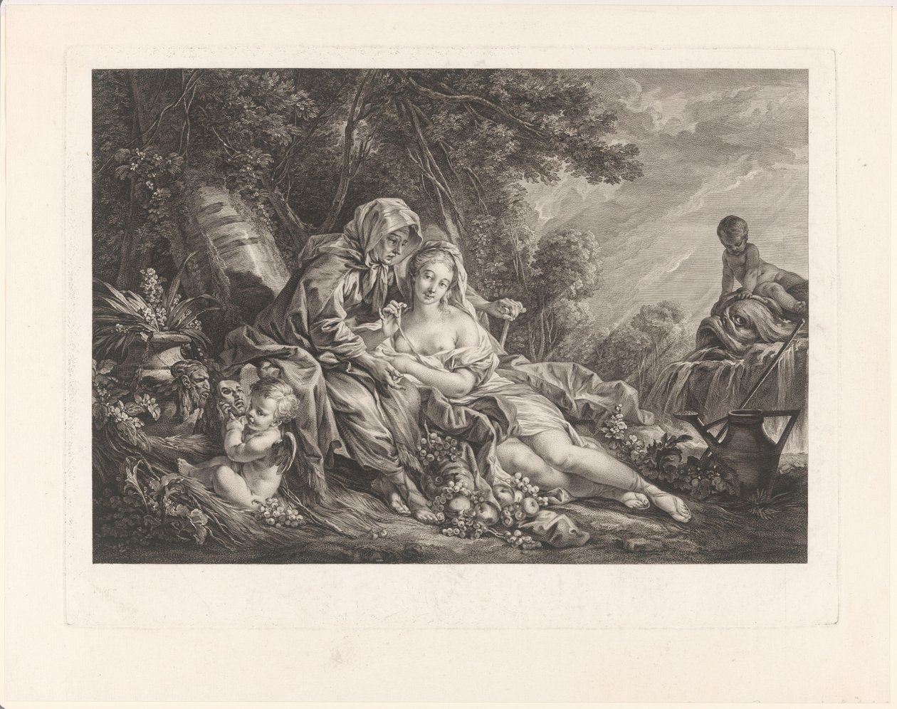 Vertumnus og Pomona i et parklandskab af Augustin de Saint-Aubin