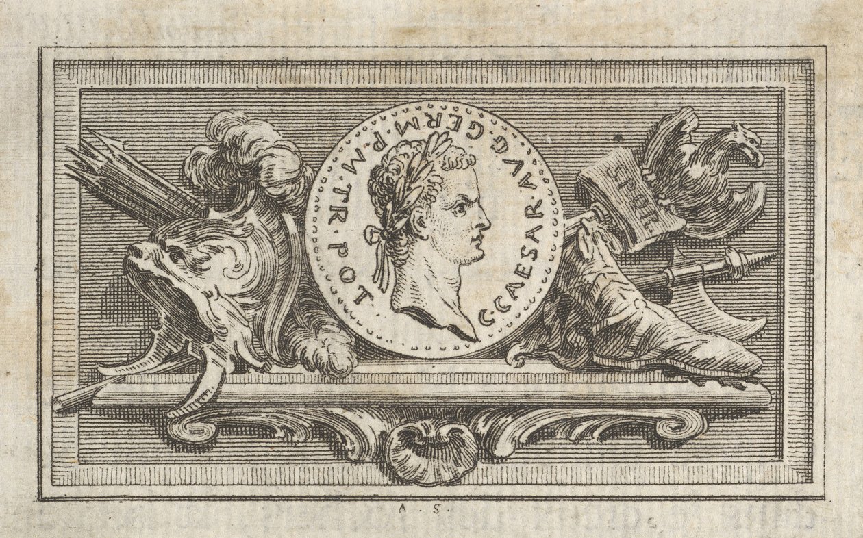 Medalje med portræt af Caligula i 6. bog, fra Tibère ou les six premi..., udgivet i 1768. af Augustin de Saint Aubin