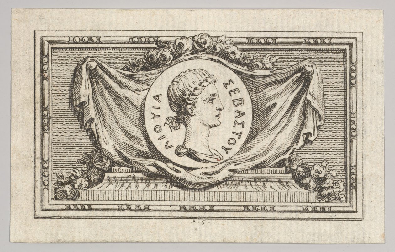Medalje med Portrait of Livy i den 5. bog, fra Tibère ou les six premiers ..., udgivet i 1768. af Augustin de Saint Aubin
