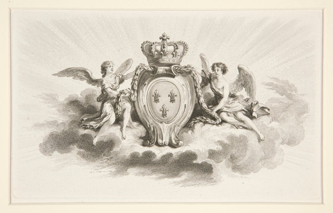 Royal Crest with Fleurs de Lis Flankeret af engle, reproduktion fra det 19. århundrede af Augustin de Saint Aubin