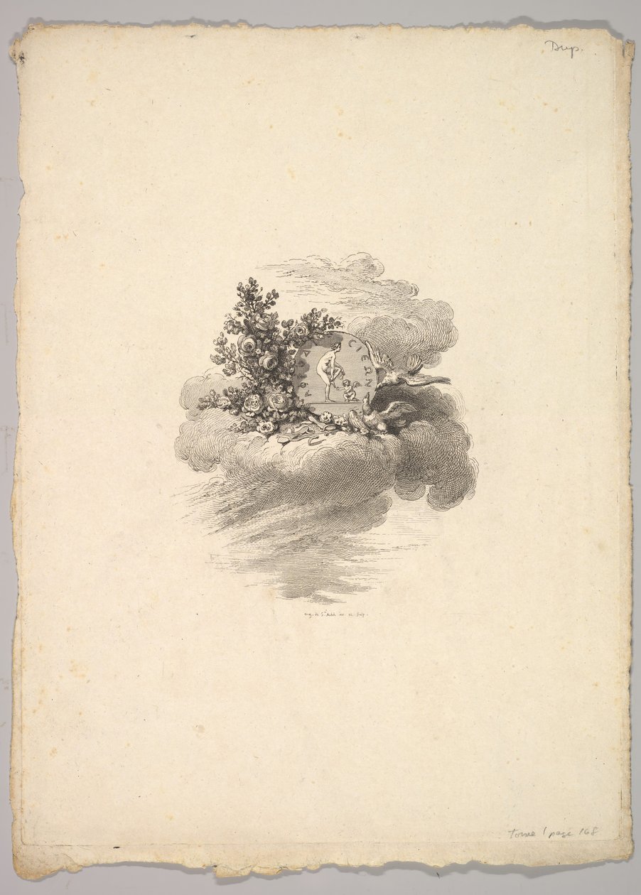 Vignette med mønt på en sky med roser til venstre og duer under og til højre..., 1778-80. af Augustin de Saint Aubin