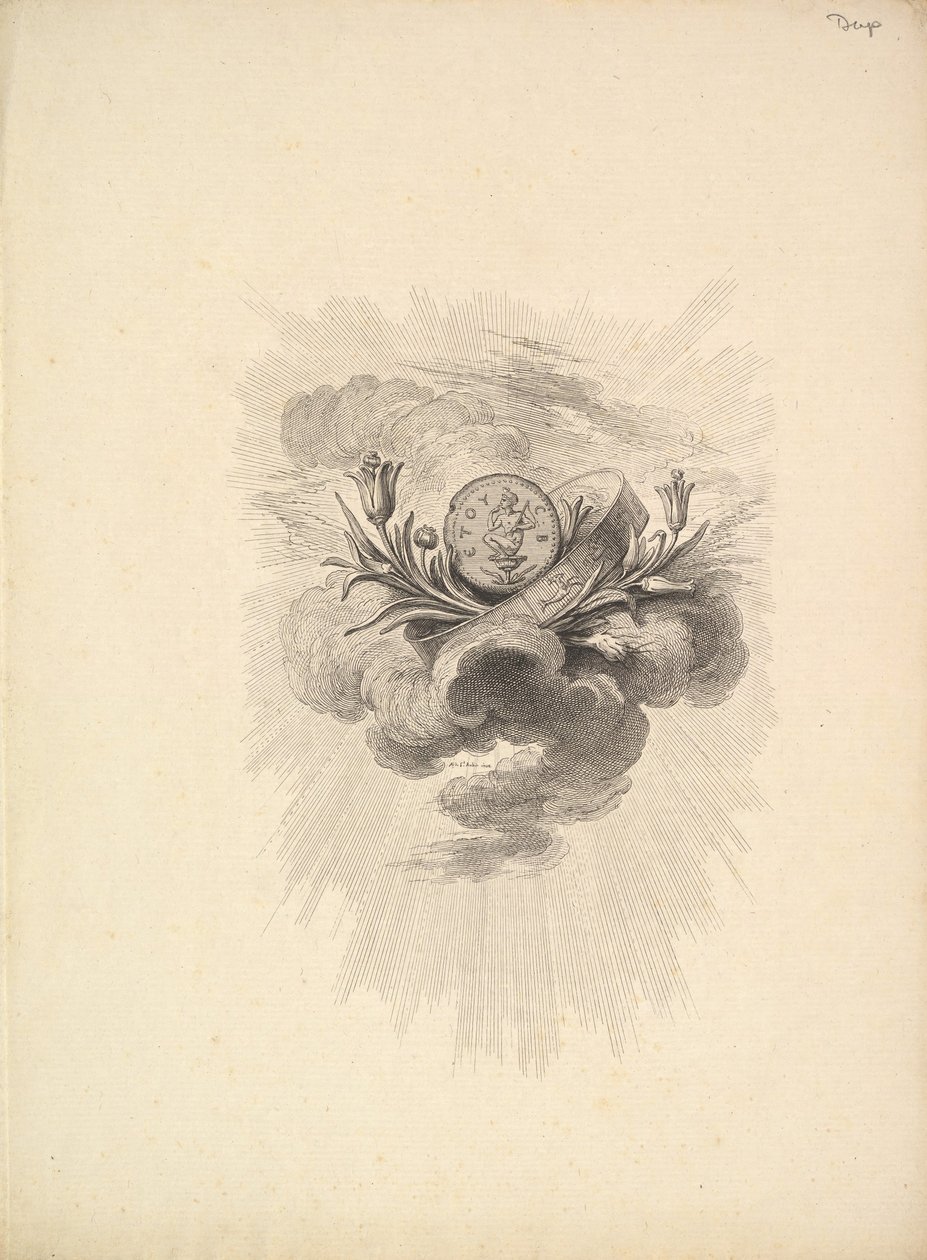 Vignette med medalje forestillende Harpocrate og Lotusblomster, bind I, side 12, fra D..., 1778-80. af Augustin de Saint Aubin