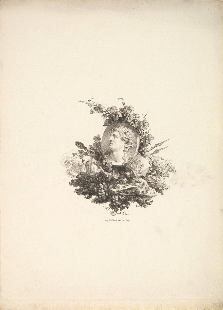 Vignette med Bacchus-hovedet på en Cornelianer, Tome I, Side 242, fra Beskrivelse de..., 1778-80. af Augustin de Saint Aubin