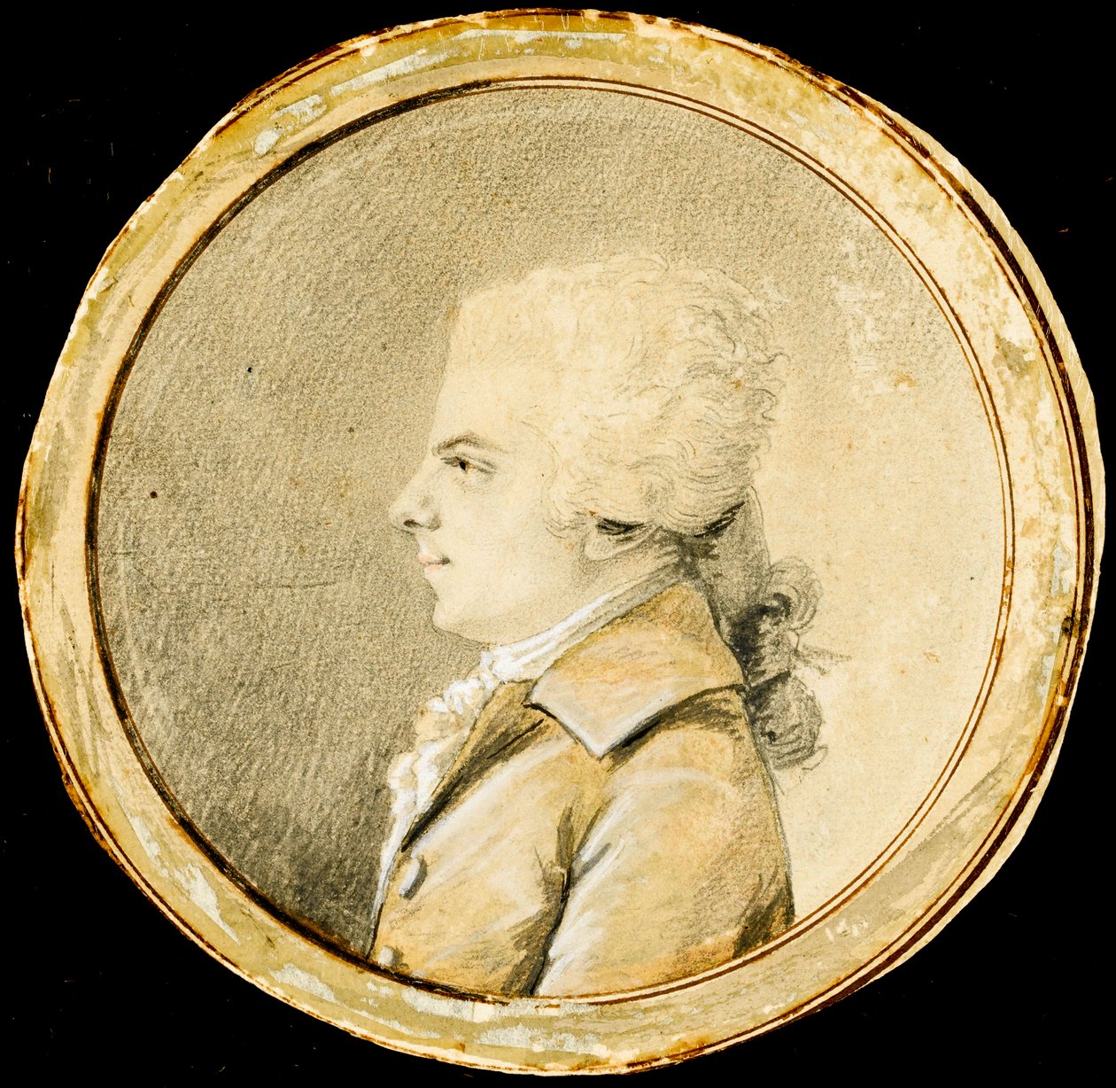 Wolfgang Amadeus Mozart - Augustin de Saint-Aubin (1736-1807). Sanguine, sort kridt og hvid farve på papir, ca 1778. Mål: D 13,8 cm. Privat samling af Augustin de Saint Aubin