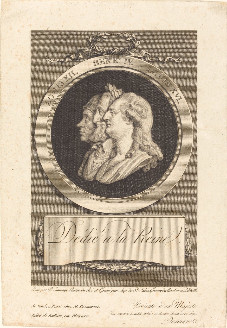 Ludvig XVI, Henri IV og Ludvig XII af Augustin de Saint Aubin after Piat Joseph Sauvage