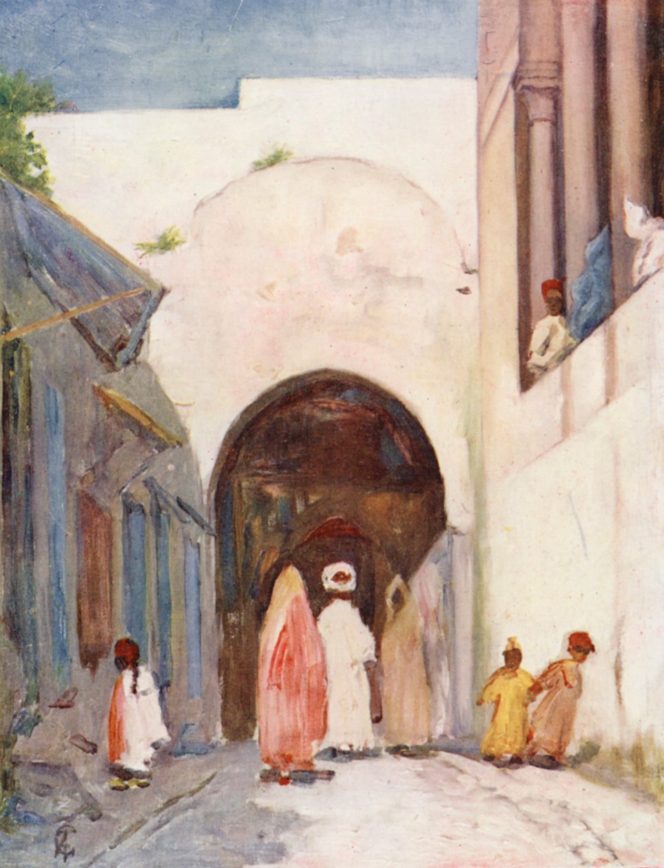 Døråbningen til den store moské, Tunis (farvelitografi) af Augustine Fitzgerald