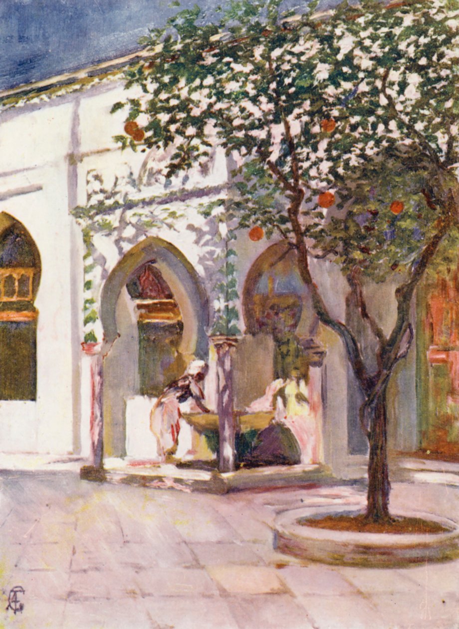Springvand i den store moskés gårdhave, Algier (farvelitografi) af Augustine Fitzgerald