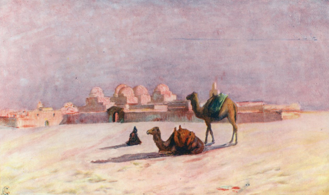 Solnedgang ved Kairouan (farvelitografi) af Augustine Fitzgerald