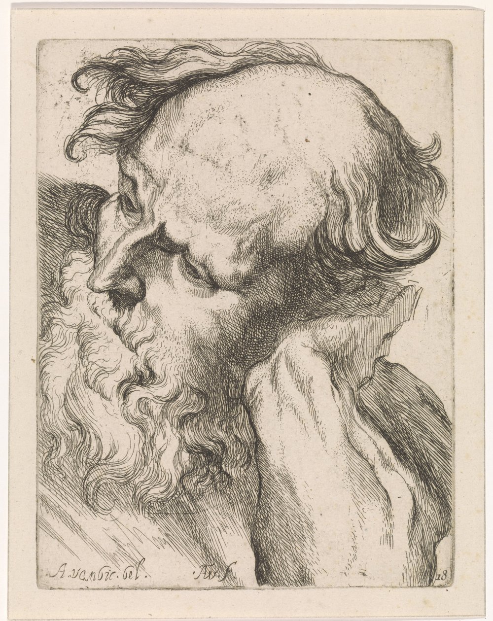 Hovedet af en gammel mand (Joseph) Studier til en tegnebog efter klassiske skulpturer og figurer af Anthony van Dyck (serietitel) af Augustinus Terwesten (I)