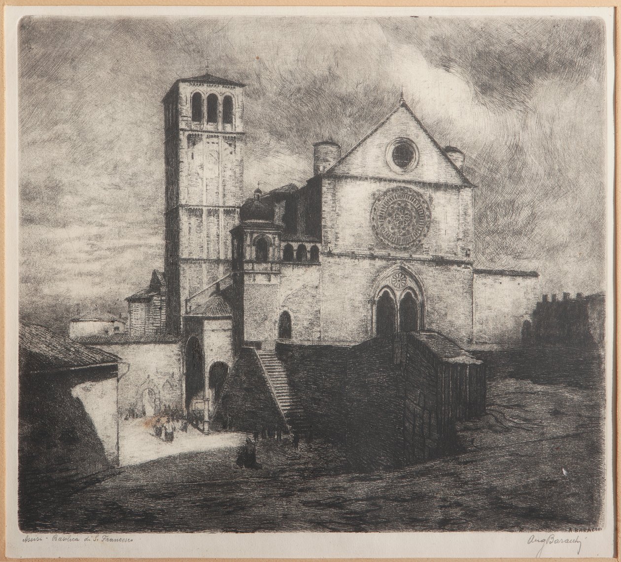 Assisi, St. Francis Basilika (radering på papir) af Augusto Baracchi