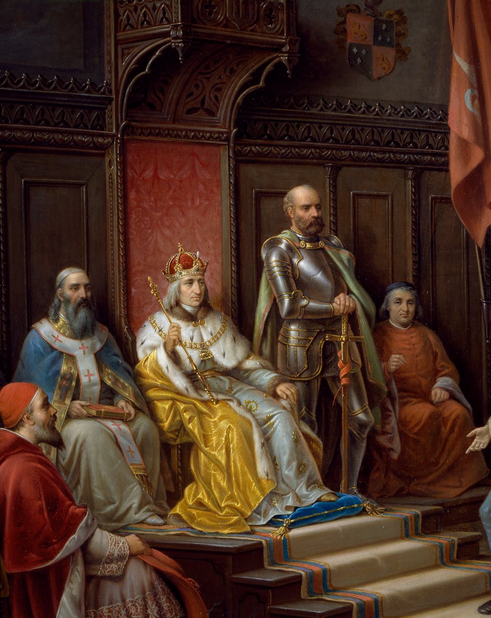 Frederik III på tronen, detalje fra Frederik III, der presses til at marchere mod tyrkere af Trieste-digteren Raffaele Zovenzoni, maleri af Augusto Tominz (1818-1883) af Augusto Tominz