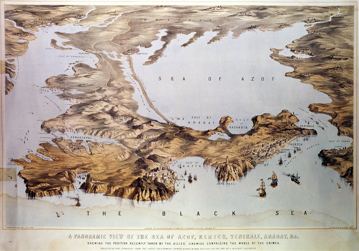 Panoramaudsigt over Azofhavet, der viser den allierede position, fra regeringsdiagrammer og planer og fra skitser lavet af en militæringeniør, pub. af Stannard og Dixon, 1855 af Augustus Butler