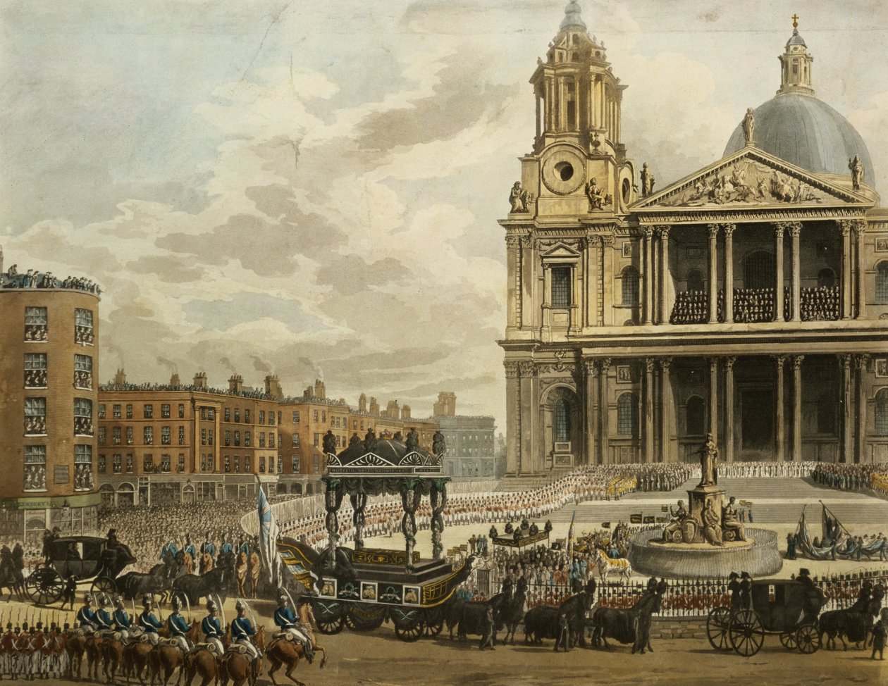 Begravelsesoptog af afdøde Viscount Nelson, fra Admiralitetet til St.Pauls, 9. januar 1806, indgraveret af Merigot, pub. 1806 (akvatint) af Augustus Charles Pugin