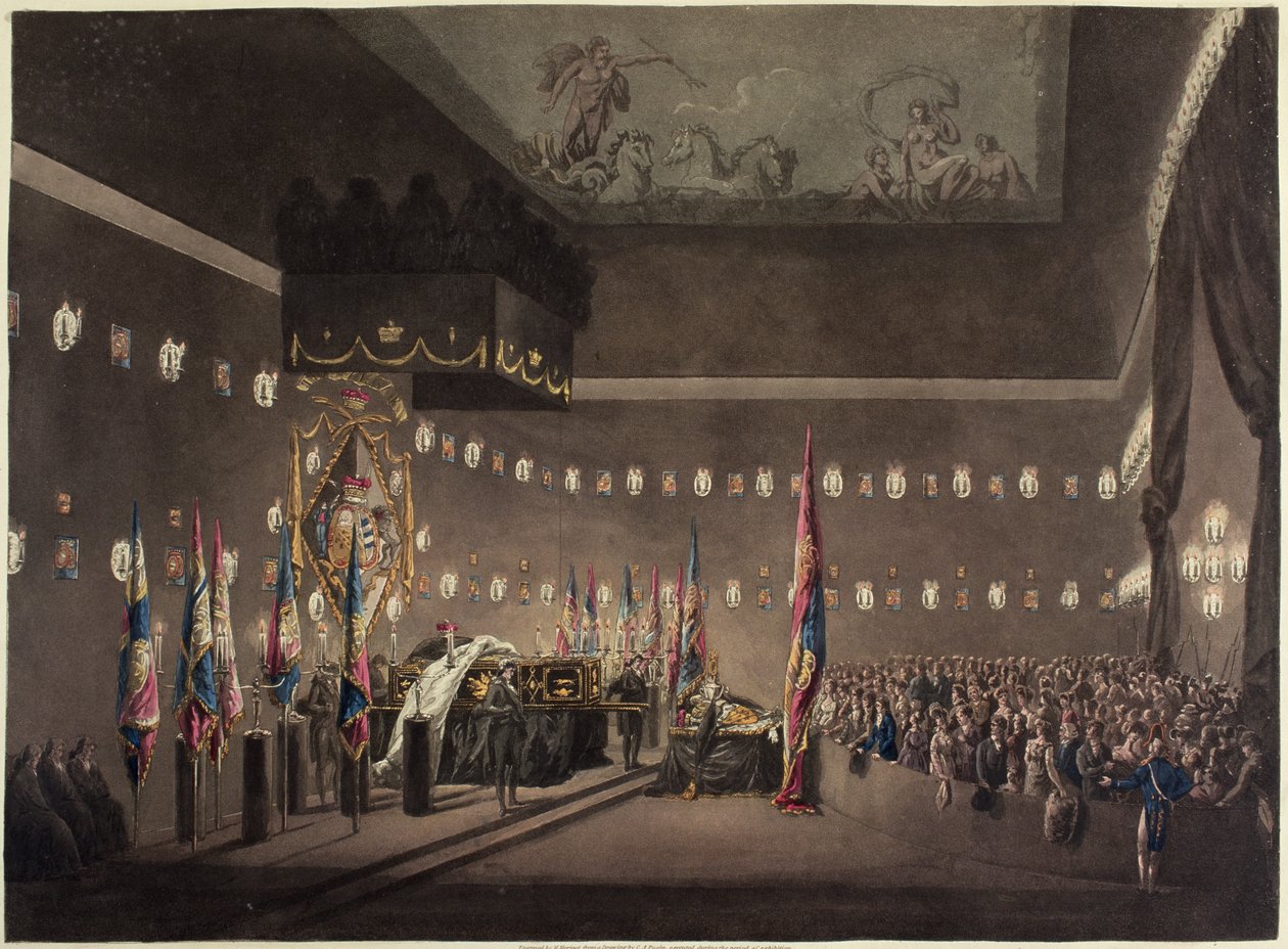 Rester af Lord Viscount Nelson, der ligger i staten i det malede kammer på Greenwich Hospital, indgraveret af M. Merigot, 1806 af Augustus Charles Pugin